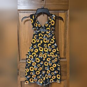 HT Denim Skulls & Sunflowers Bib Shorts, S (waist=15.5")